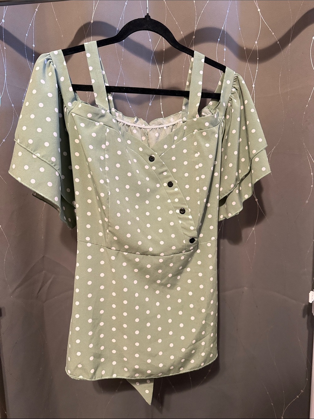 SHEIN Sage Green Polka Dot Off-Shoulder Blouse